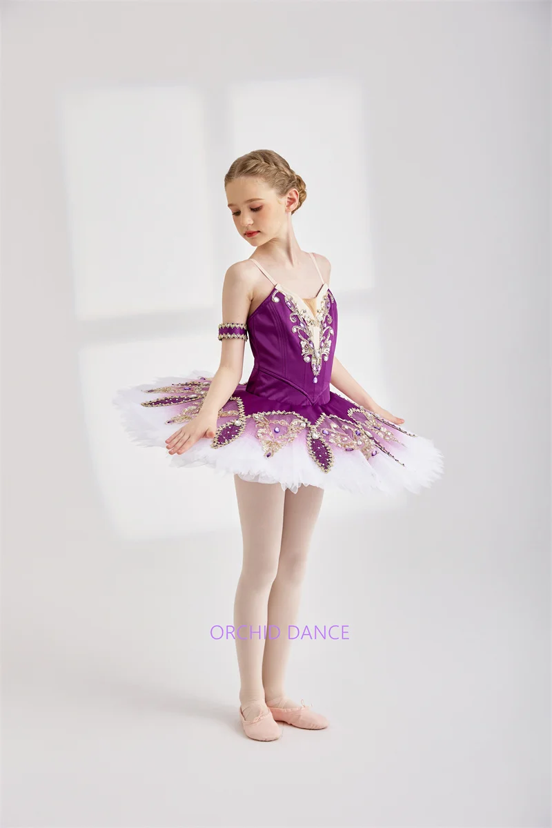 Womens Thin Strap V Neck Ballet Tutu Performance Dress Gold Line Purple Rhinestone Scroll Embroidery Eight Petal Leaf Trim Dark