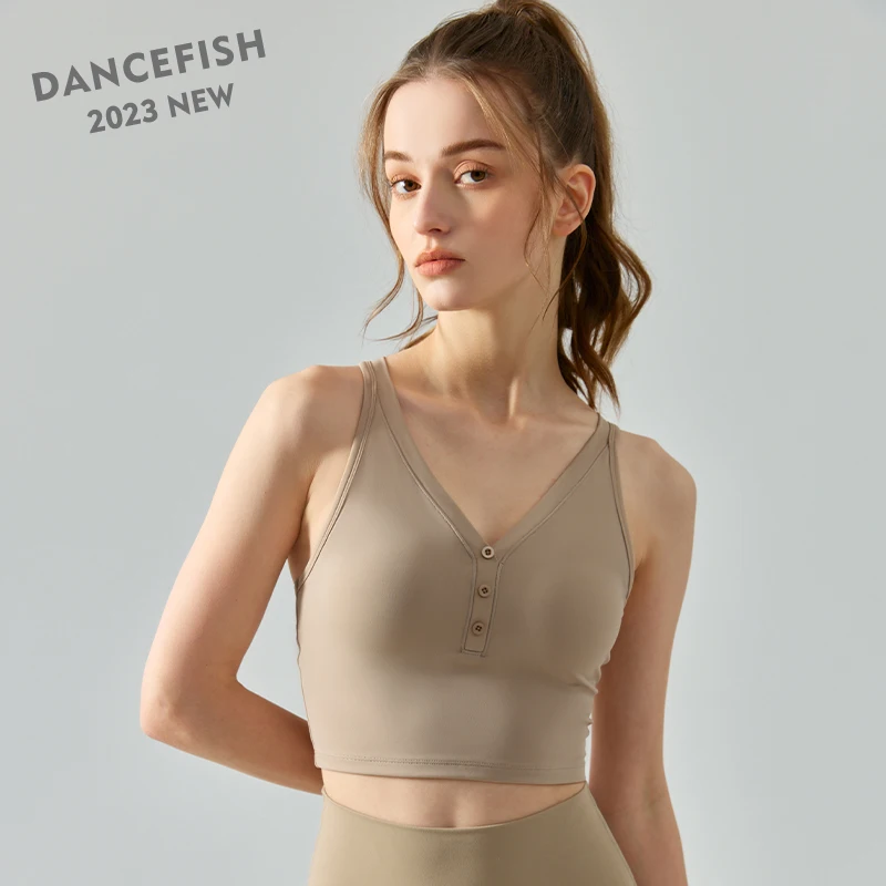 DANCEFISH 2023 Chic Women V Neck Decorative Button Playfulness Short Vest Low Intensity Removable Pads Sport Top Daily Yoga Bra