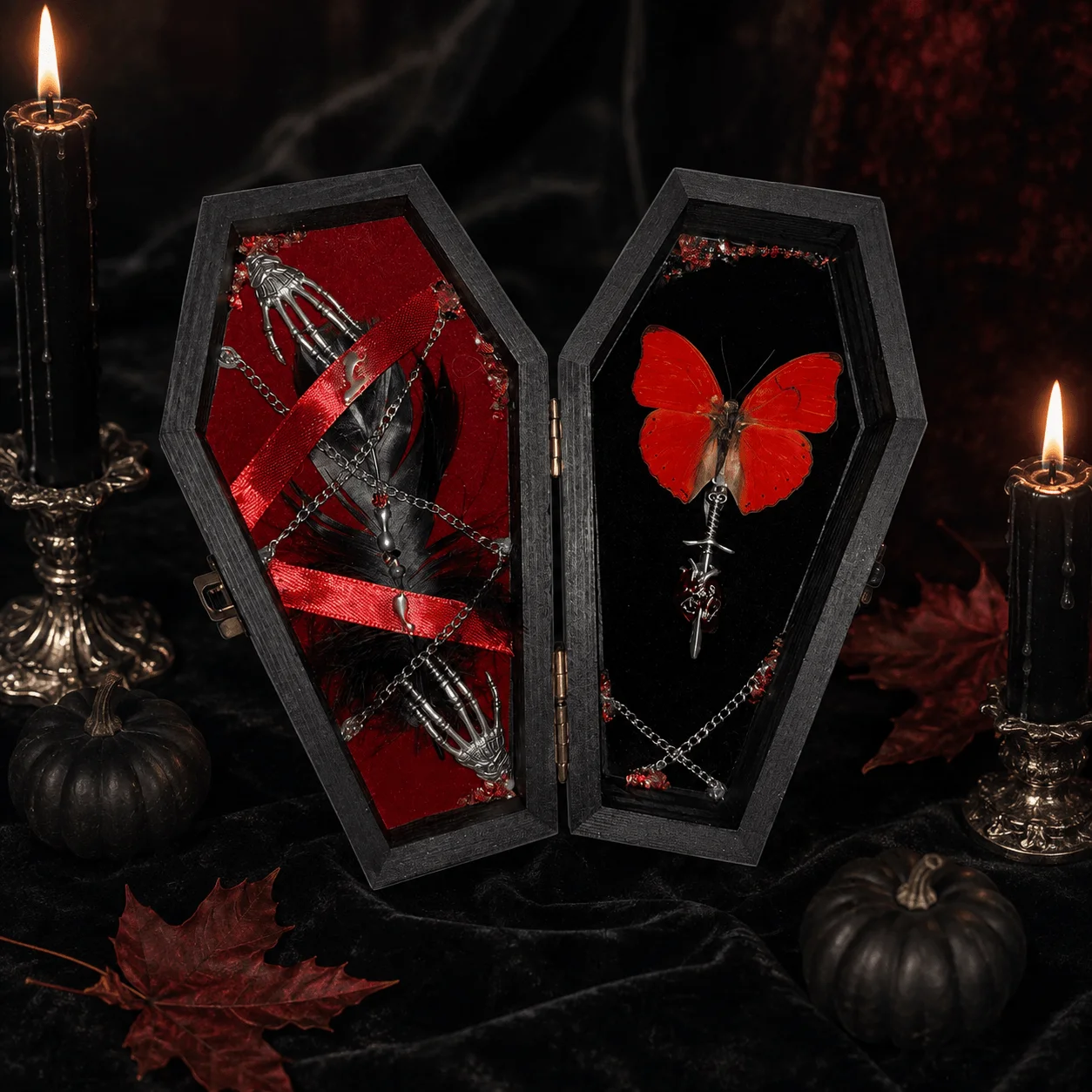 Halloween Gothic Coffin Box, Authentic Cymothoe Sangaris Shadow Box, Spooky Curio Insect Art Decoration for Desktop Holiday Gift