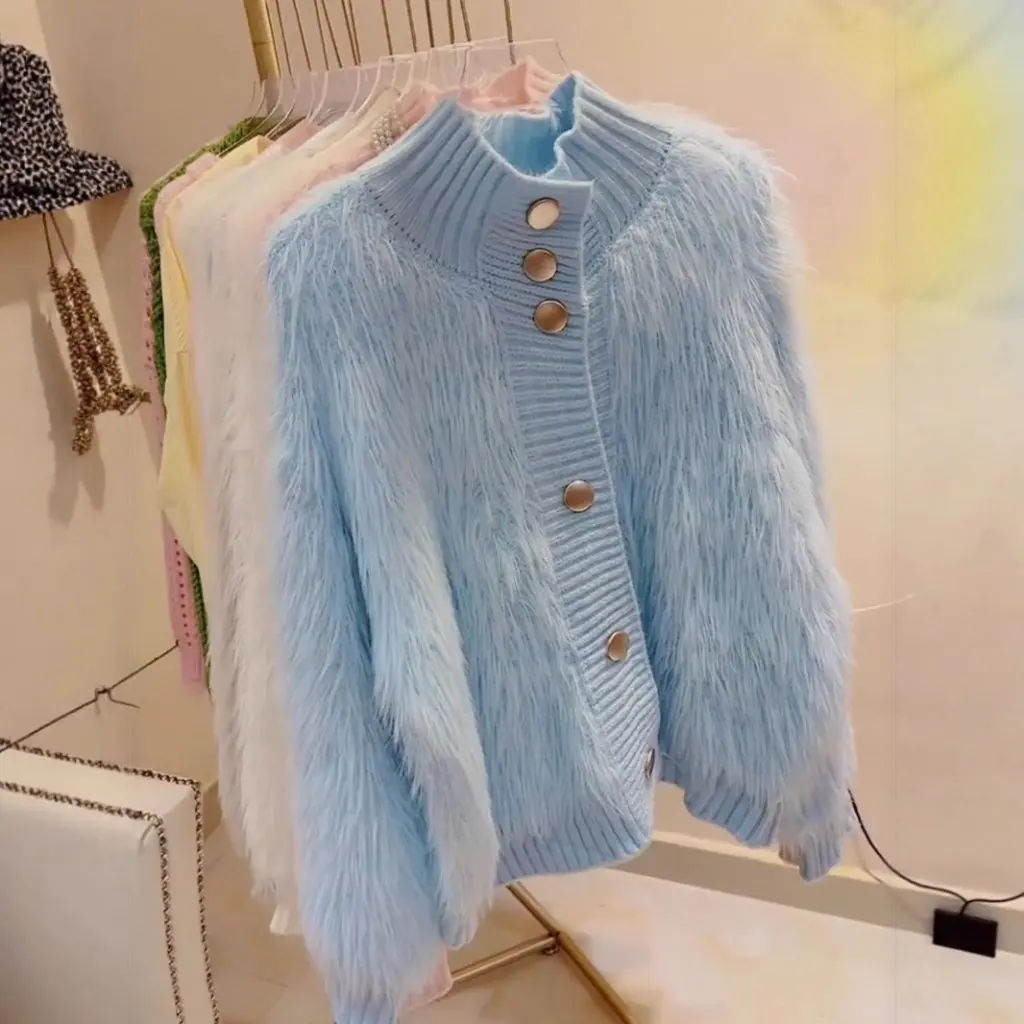 

Женский кардиган с высоким воротником из искусственного норкового бархата, свободная вязаная куртка, осенне-зимний стиль, весенний шерстяной свитер
