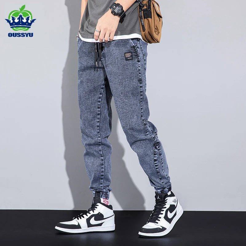 2024 Four Seasons Loose Men\'s Jeans Text Embroidery Baggy Elastic Waist Harlan Cargo Jogger Trousers Męskie Szare Duży Rozmiar M-8XL