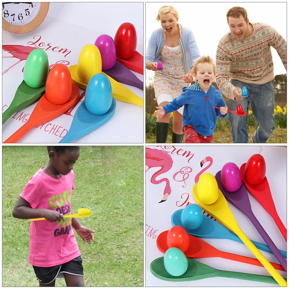 4 Set Balancing Egg Relay Game Wooden Spoon Toss Toys Race Spoons Eggs The Ball Outdoor Family Games and Child