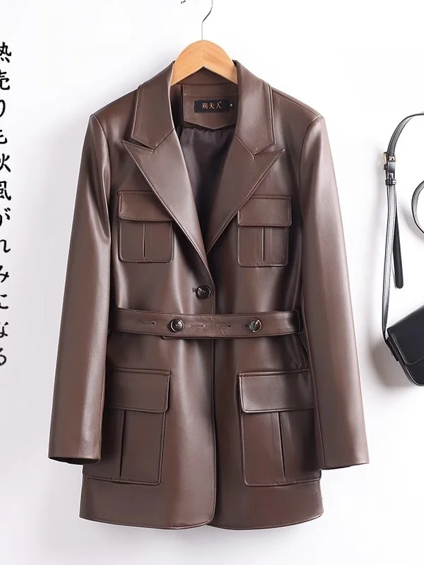 海寧本革コート レディース ミドル丈 2025年春新作 エイプスキン ウィンドブレーカー ウエストシェイプ レトロレザージャケット