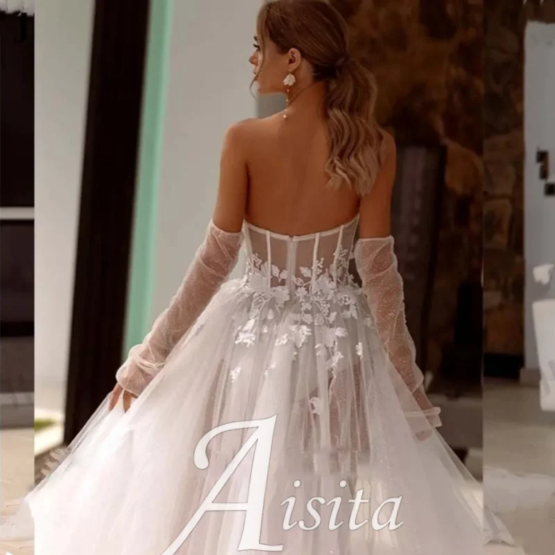 Una línea de vestidos de novia cariño personalizado encaje abertura lateral apliques moderno Formal nupcial 2024 Rode De Morrie