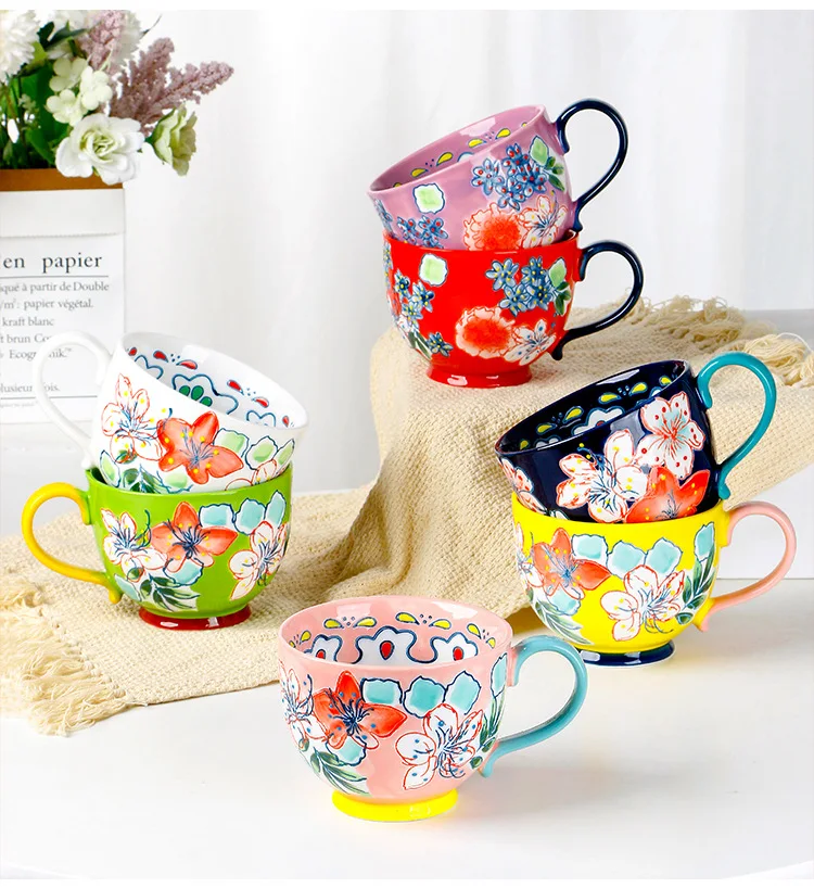 Ins Defect Retro Nordic Embossed Personality Ceramic Mug Dessert Cereal Breakfast Milk Coffee Cup Kawaii