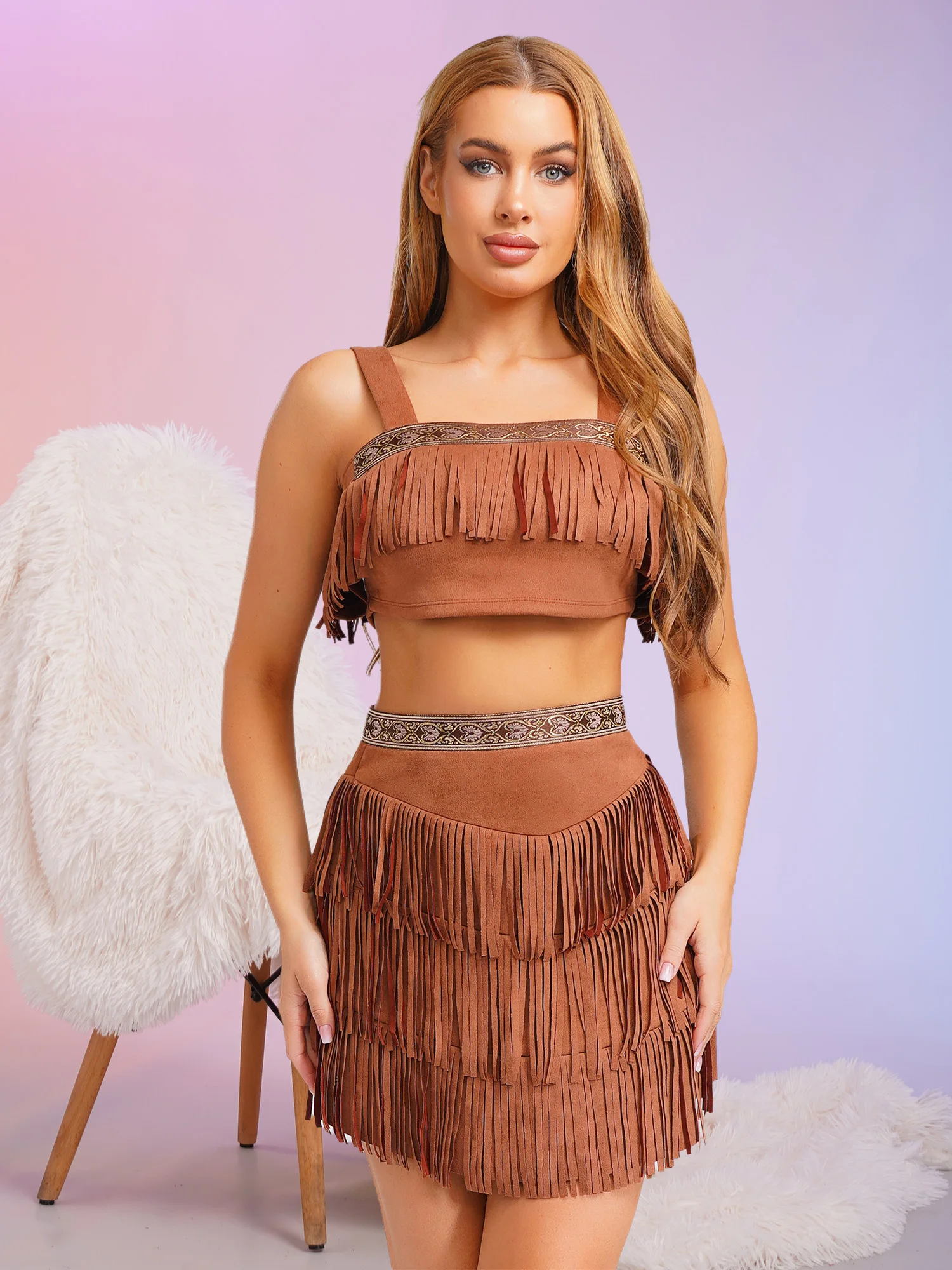 

Womens Aboriginal Tribe Costume Native Princess Outfit Cosplay Halloween Costume Vintage Tassel Faux Suede Brown Fringed Skirts