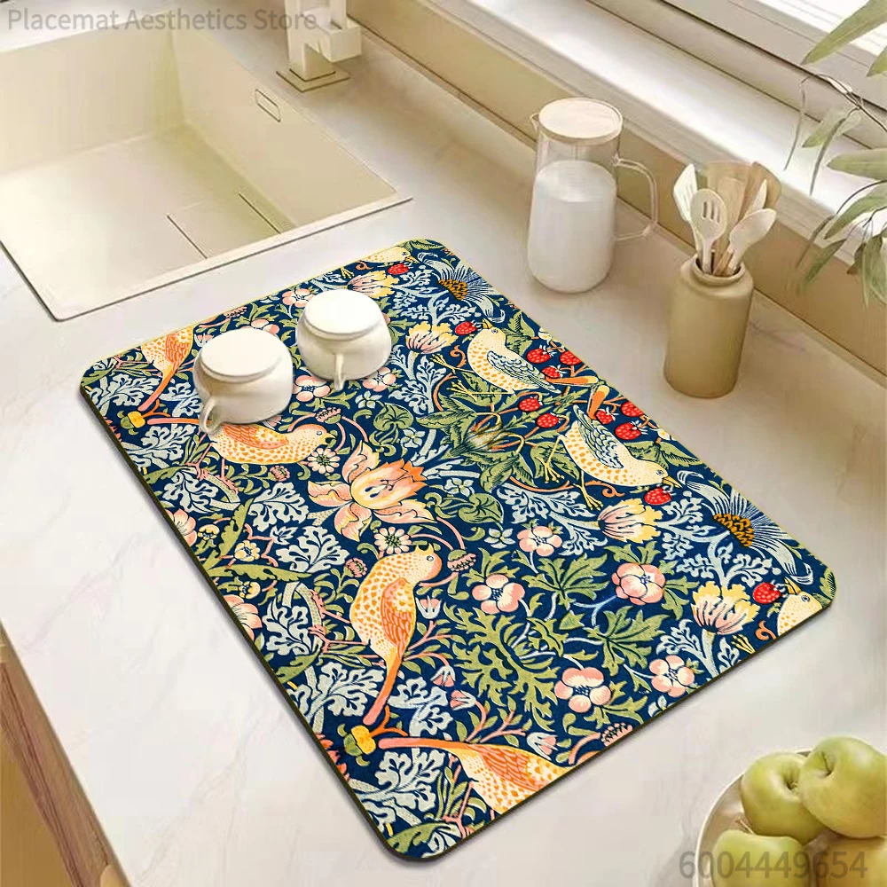 William Morris Erdbeer-Design Geschirr-Trockenmatte Weiche Gummi-Rutschfeste Absorbierende Matte für Küche & Kaffeebar-Arbeitsplatten