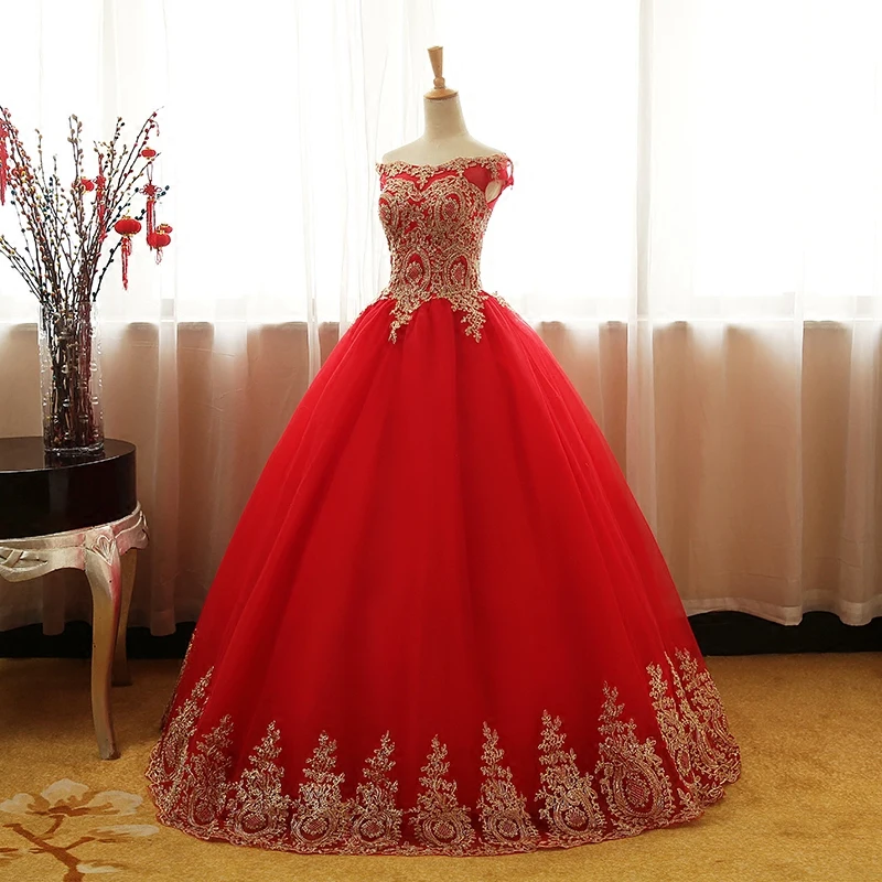 Vestidos de quinceañera rojos a la moda con hombros descubiertos, vestido de fiesta largo hasta el suelo, estilo Vintage de encaje dorado, talla