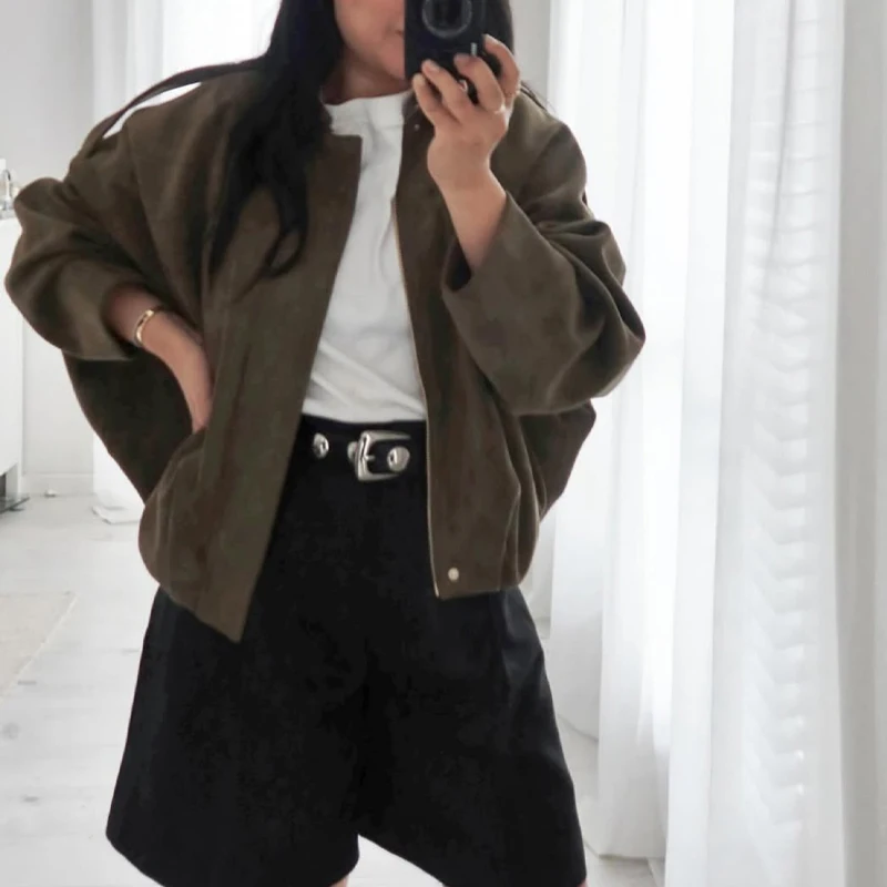 

Stylish Lapel Bomber Jacket Long Sleeves Loose Design For Everyday Travel And Street Style Womens Bomber Jacket Trafizaran