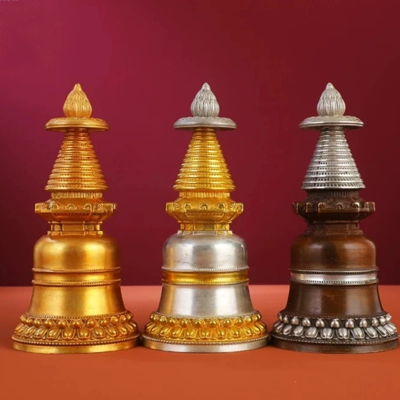 Nepal Copper Tibetan Bodhi Pagoda Engraved Buddha Statue Gilding Tantric Tower Religious Stupa Altars Desktop Decorative,16 cm