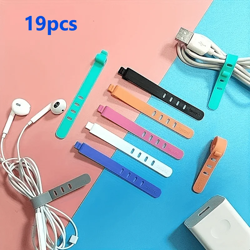 19-Pack Silicone Multi-Color Cable Ties,Cable Management Organizer,Earphone Holder, Desk Tidy, Ethernet, Power Cord, Audio Cable
