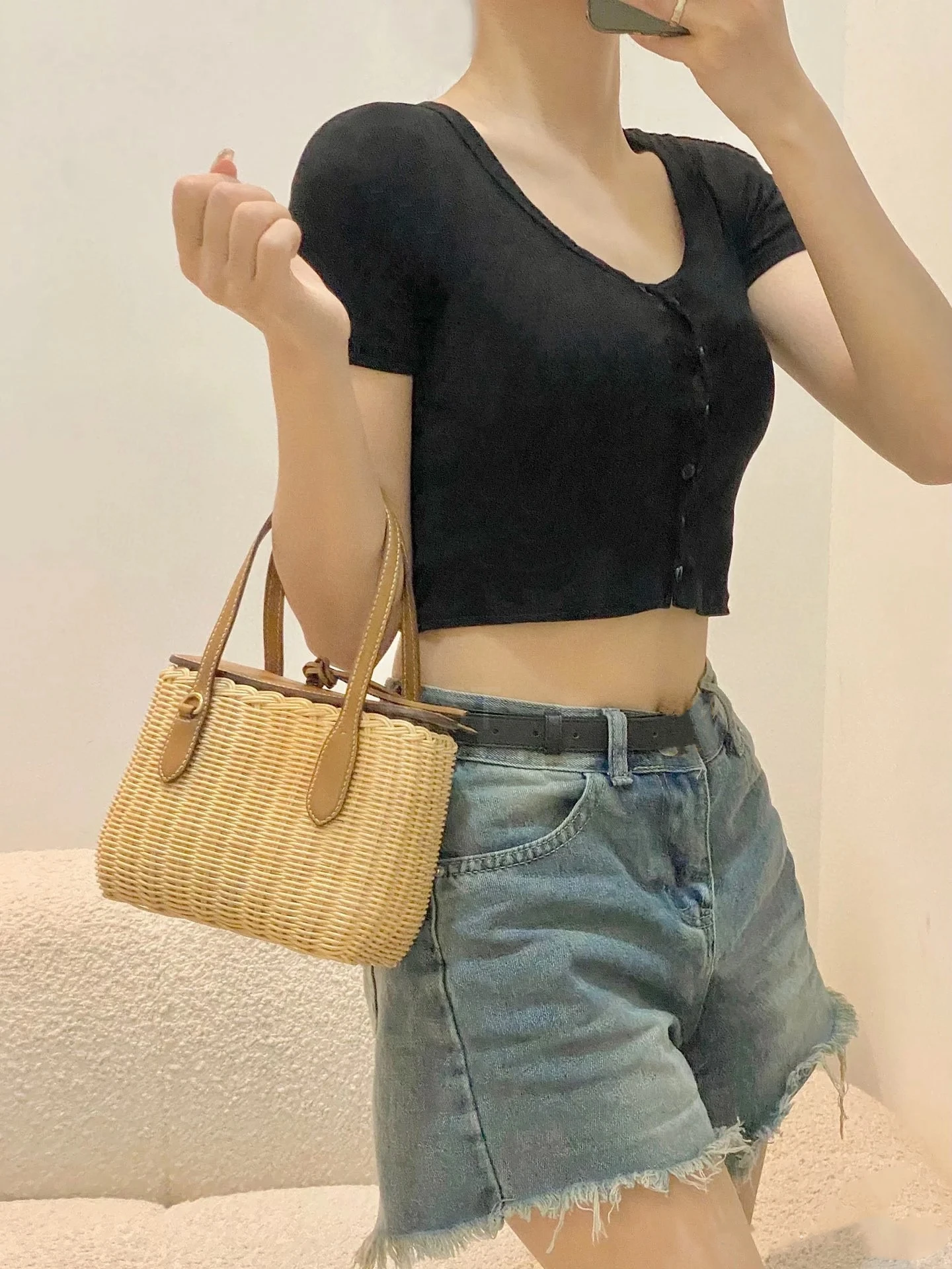 UXST New Bamboo Woven Basket Bag French Rattan Weave Handbag Design Patchwork Women Bag Leather Flap Pocket Outing Crossbody Bag