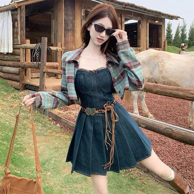 

Women's Spring Summer Vintage Ethnic Plaid Shirts Denim Sleeveless Dress 1 or Two Piece Set Lady Short Tops Tank Dresses Outfits