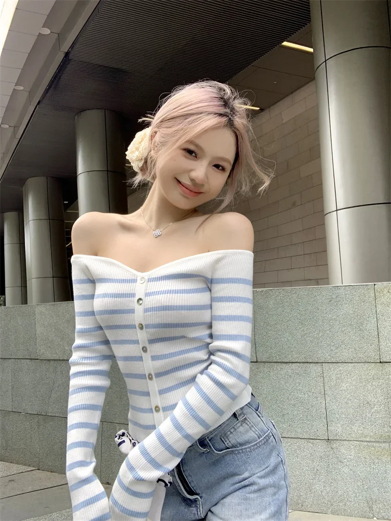 Hollow Shoulder Crop Top Knit Striped Stitch Fake Button Stretch Knitted T-Shirt Knitwear Fall T Shirt Top y2k korean cropped