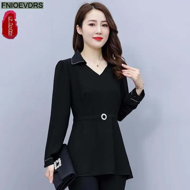 Loose Clothes Women 2024 Autumn Winter Elegant Office Lady Bling Button Shirts Black Retro Vintage Tunic Peplum Tops Blouses