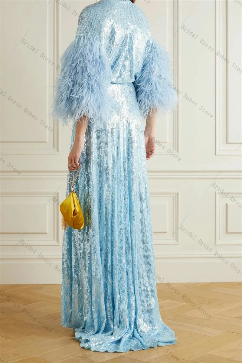 لامعة الترتر ريشة المرأة فستان الزفاف حفلة موسيقية لالتقاط الصور مثير الخامس الرقبة كامل الأكمام الزفاف الصباح رداء مخصص فستان سهرة #2