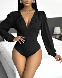 Sexy Jumpsuit Woman Outfits 2024 Solid Color Lantern Sleeve Deep V-Neck Ruched Ribbed Bodysuit Ladies Overalls Woman Clothing