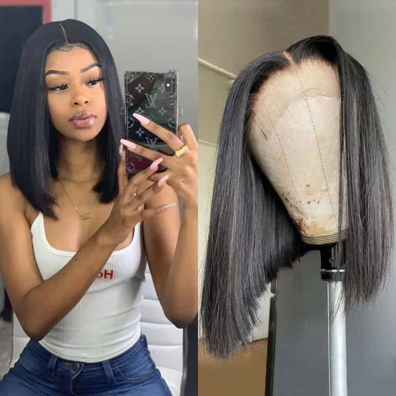 

European and American Style Front Lace Wig for Women, Middle Part Bobo Head Short Straight Hair, Synthetic High-Temperature Fibe
