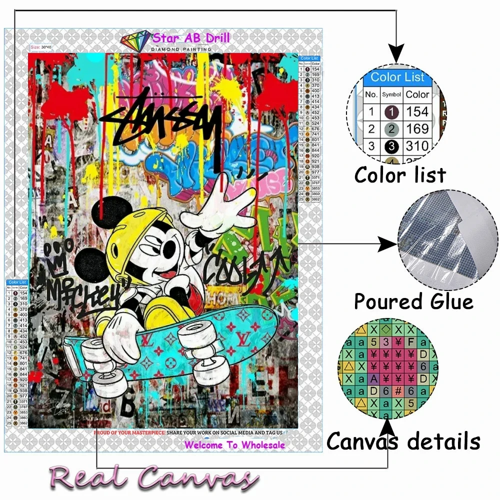 Disney-Graffiti de peinture de diamant de poussière dégradée, Donald Duck, point de croix de souris, broderie de mosaïque, décor à la maison, cadeau pour des enfants