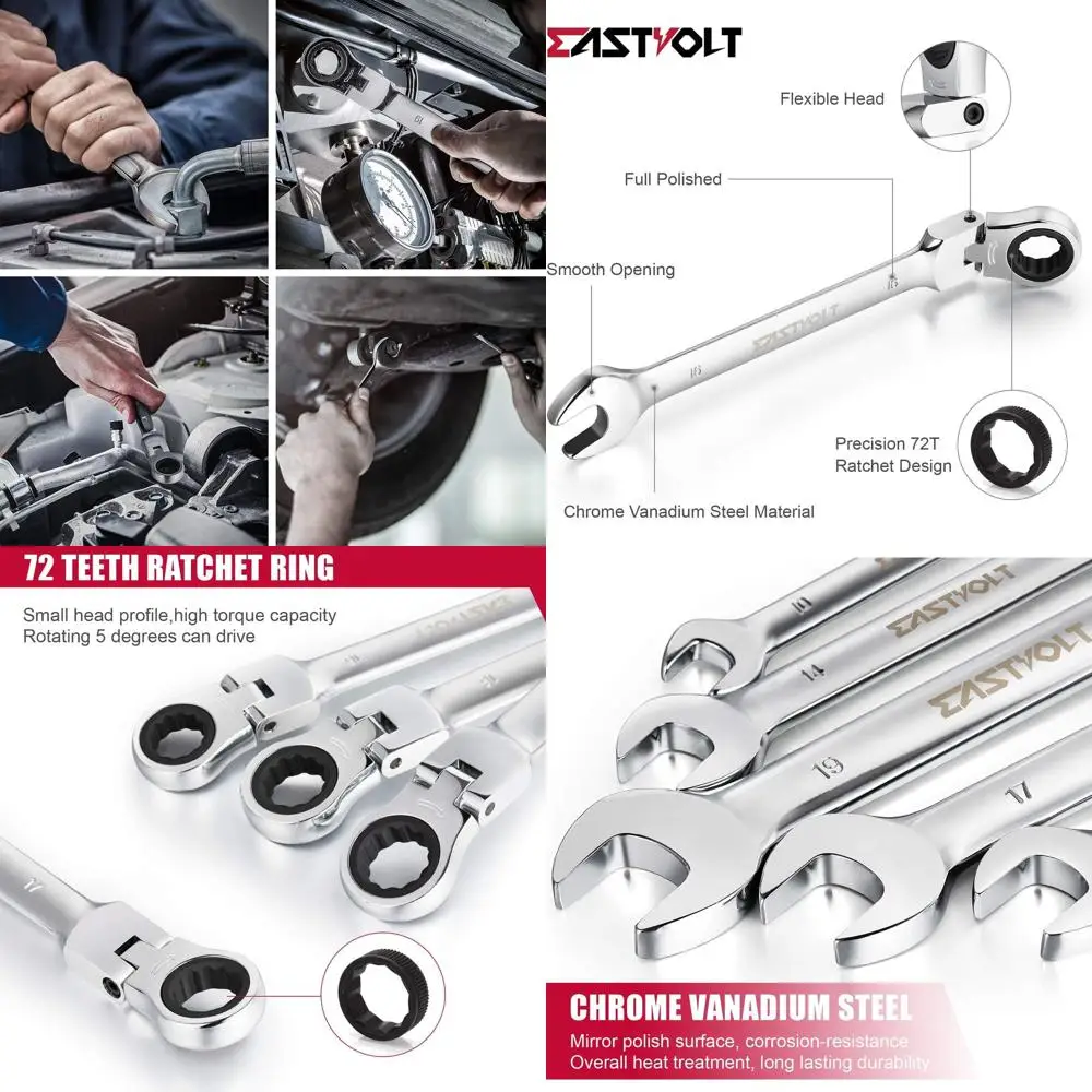 

12-Piece Flex-Head Ratcheting Wrench Set, Metric 8mm-19mm, Combination Ended Spanner kits, Chrome Vanadium Steel with Toolbox, E