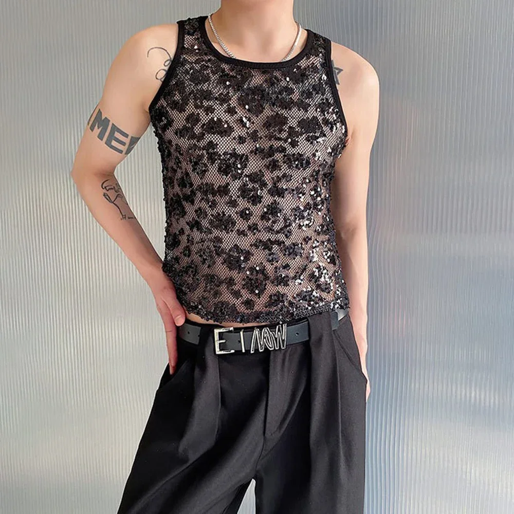 

Мужской жилет с блестками, повседневная майка, весенняя уличная одежда, модный молодежный жилет для кампуса, мужская одежда Old Money, новинка 2025 года