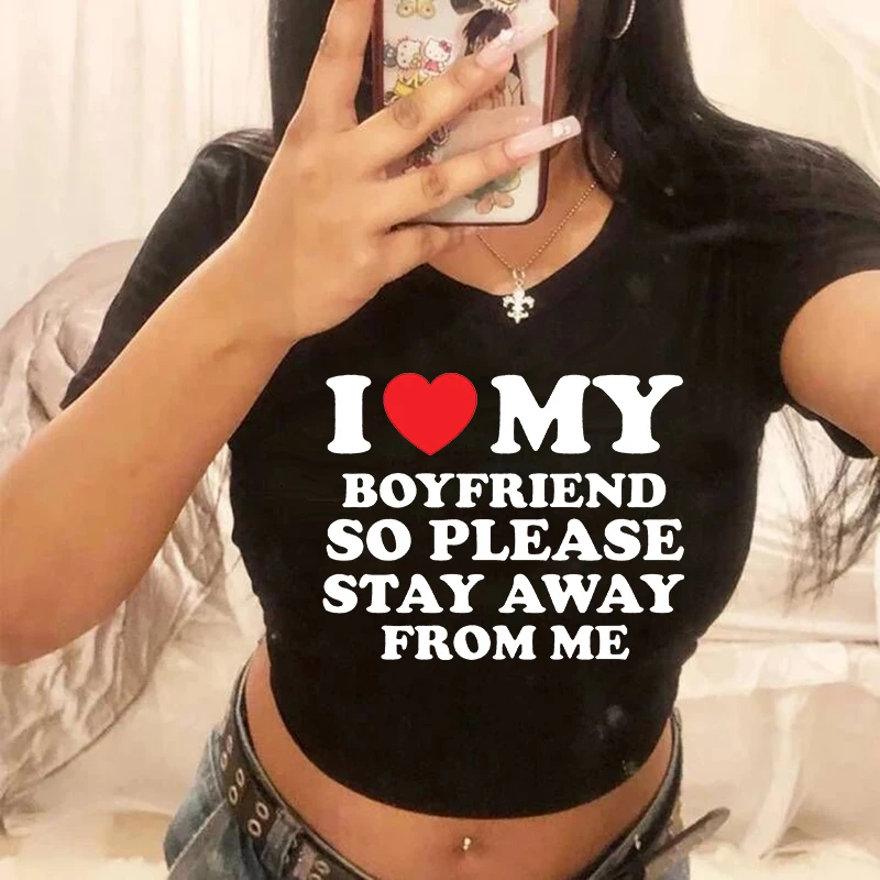 Gothic Crop Top I Love My Boyfriend Cropped T Shirt Female Fashion Clothes Comfortable Short T-Shirt Casual Soft T-Shirts