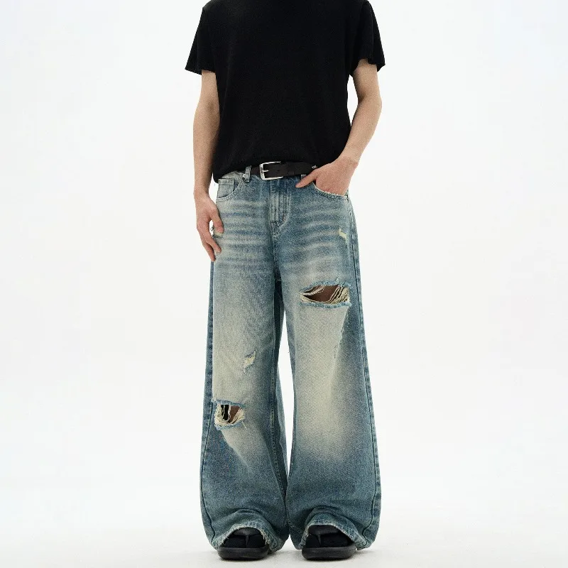 

KIDWHXR Spring Summer Men Full-length Pant Gradient Color Hole Man Denim Pant Loose Straight Pocket Mid Waist Male Trousers