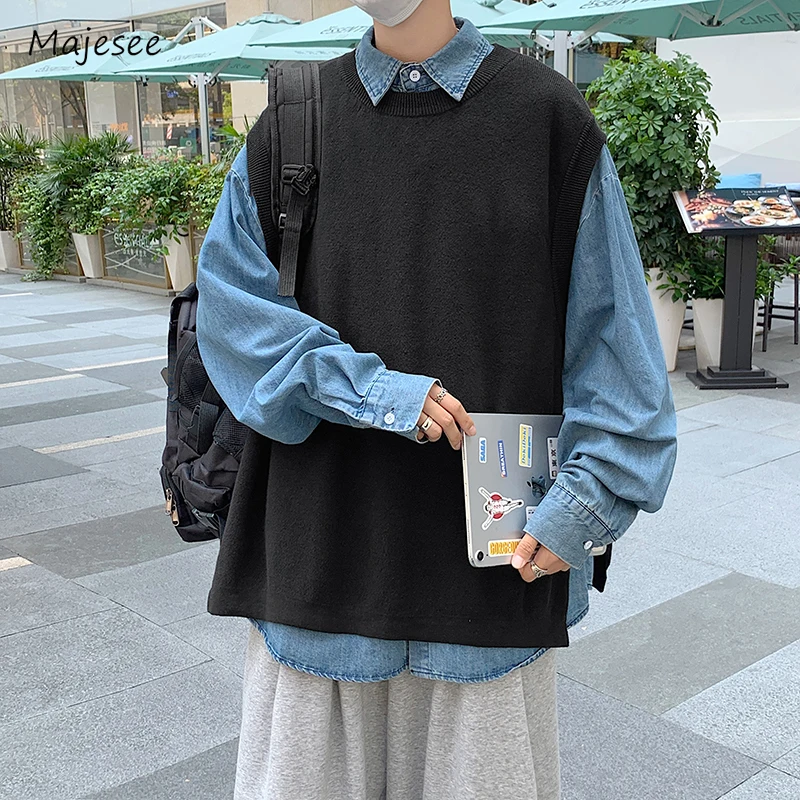 

Sweater Vest Men Solid Simple Fashion Autumn Side-slit Preppy Sleeveless Round Neck Korean Style Teenagers Unisex All-match Soft