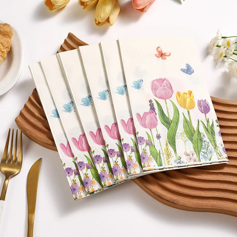 10/20pcs 33 * 40cm 2Ply Butterfly Tulip Long Napkins Table Atmosphere Decoration DIY Decoupage Paper
