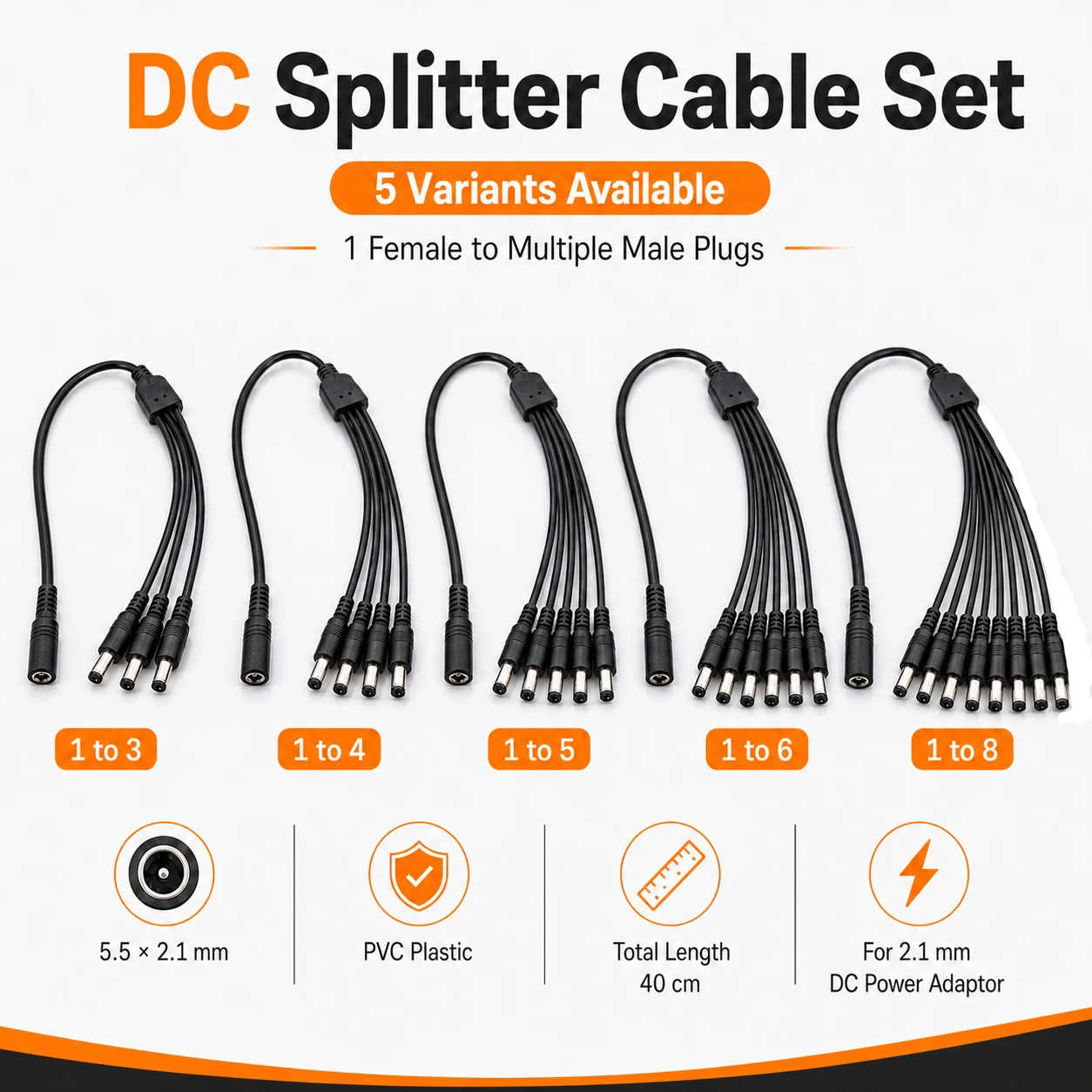 5.5*2.1mm 18awg 0.4m 1 female To 2/3/4/5/6/8 Way male DC Power Splitter Cable 12V Adapter Connector Cord for CCTV Camera P1 A7