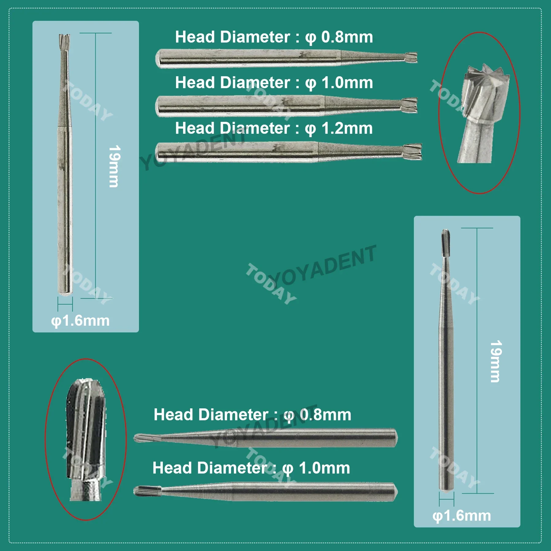 웨이브 카바이드 버, 텅스텐 버, 라운드 볼 헤드, FG 직경 고속용 1.6mm, 팩당 5 개