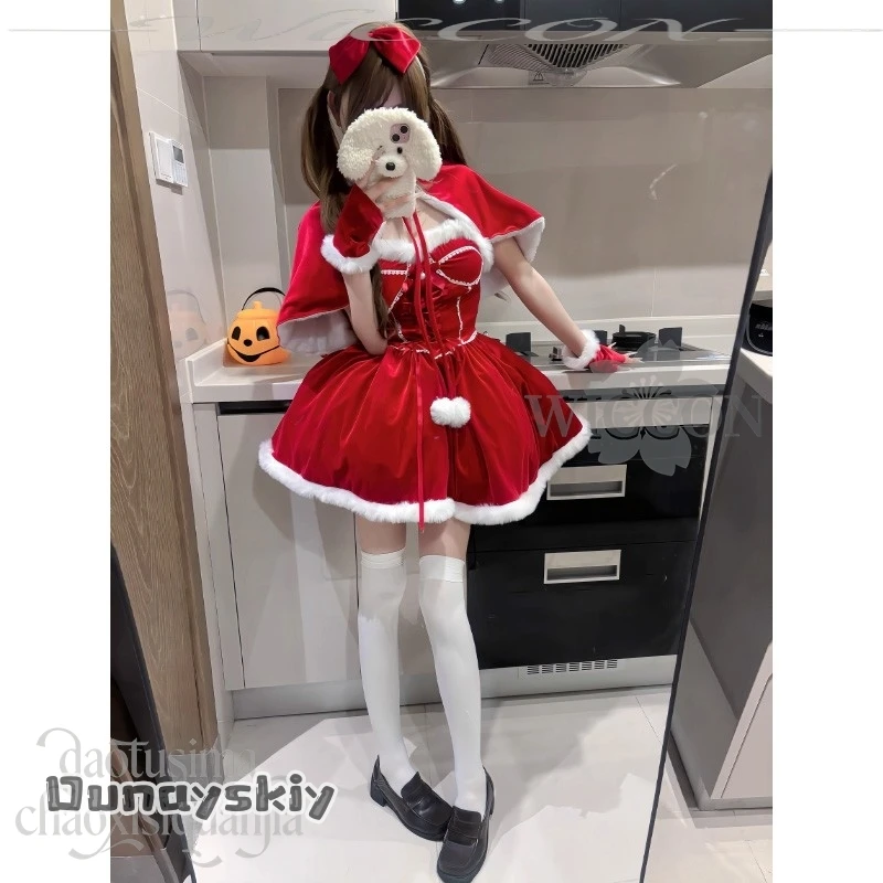 

Dunayskiy@Original Design Cute Jirai Kei Girls Red Velvet Strapless Dress Anime Cosplay Maid Sweet Lolita Bow Christmas Event