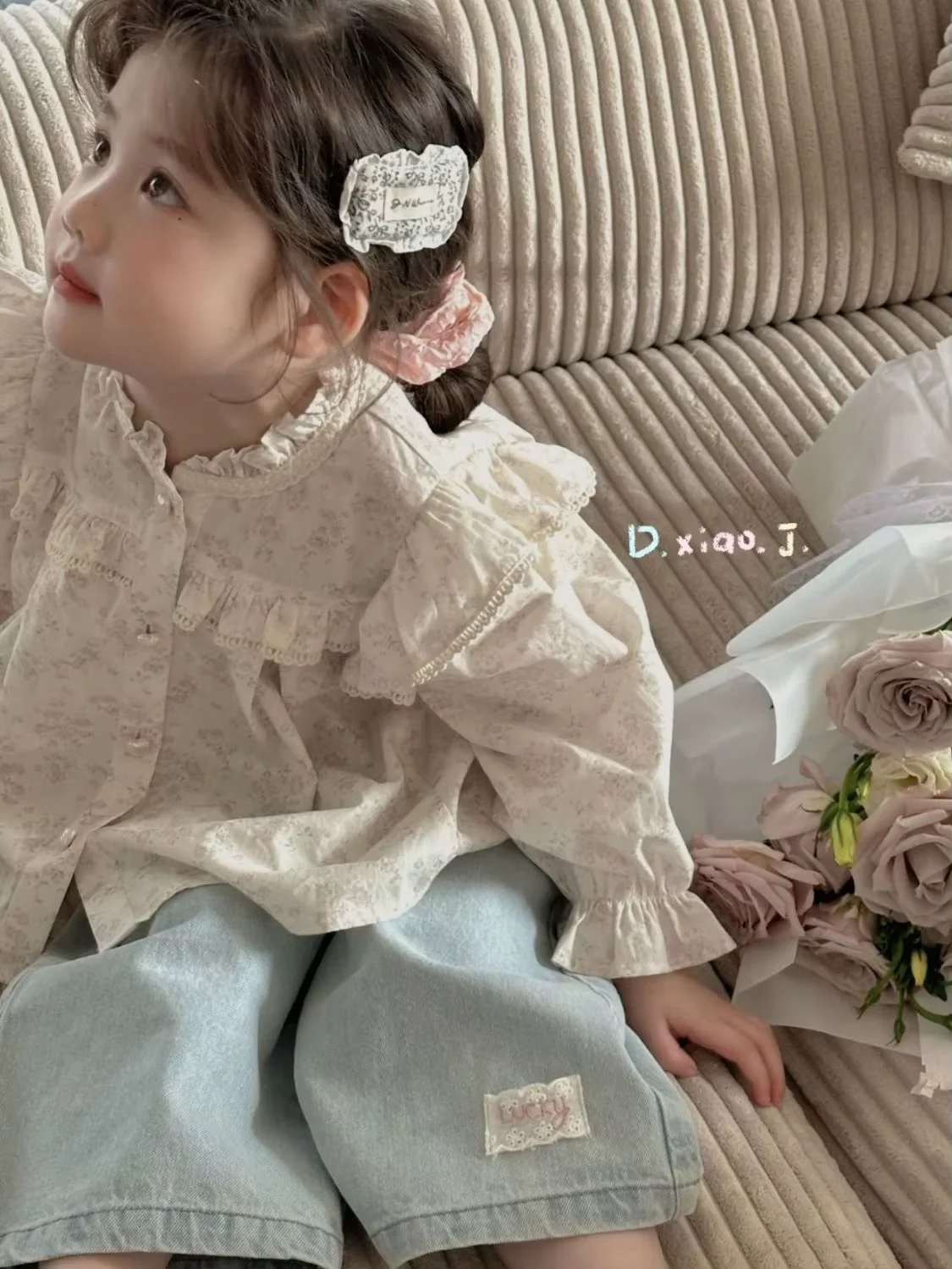 Fashion Girls Floral Shirt 2026 New Korean Style Stand Collar Long Sleeve Doll Blouse Kids Cute Princess Top Clothing 1-7Y