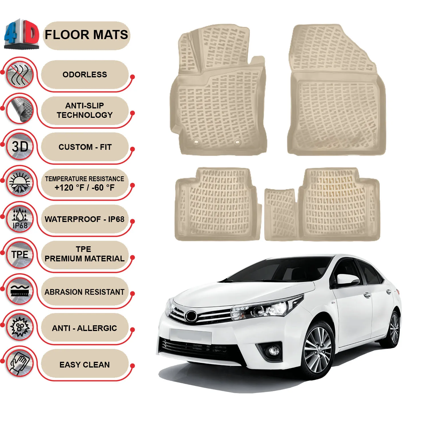 Toyota Corolla - (2013-2018) Floor Mats Liner Waterproof 3D - (Beige)