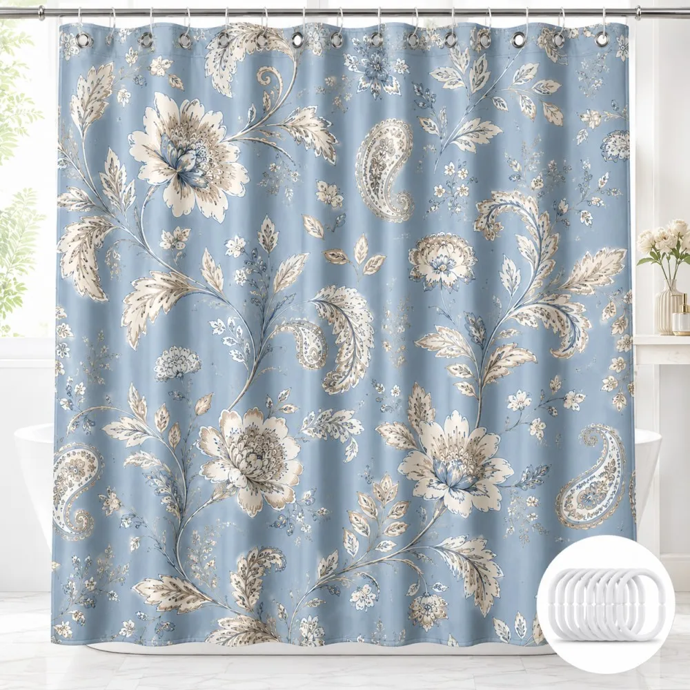 

Blue Floral Paisley Shower Curtain 180x180cm Polyester Water Resistant Machine Washable Bath Curtain Decor with 12 Plastic Hooks