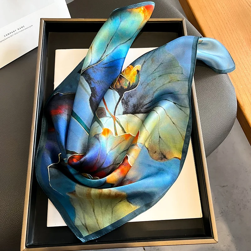 Plants Flowers Square Silk Scarf For Women Hijab Hair Bands Neckerchief Female Satin Shawl Ribbon Headband Neck Fashion Bandana image 4
