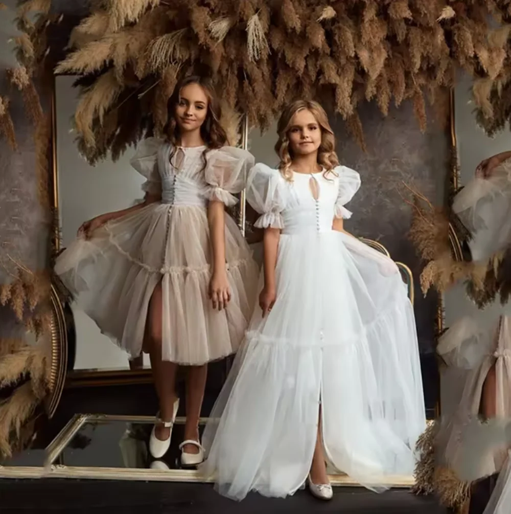 

lvory Tulle Colorful Girl Flower Dress Puff Short Sleeves A Line Princess Kid Dress Pretty Party Dress Customzied