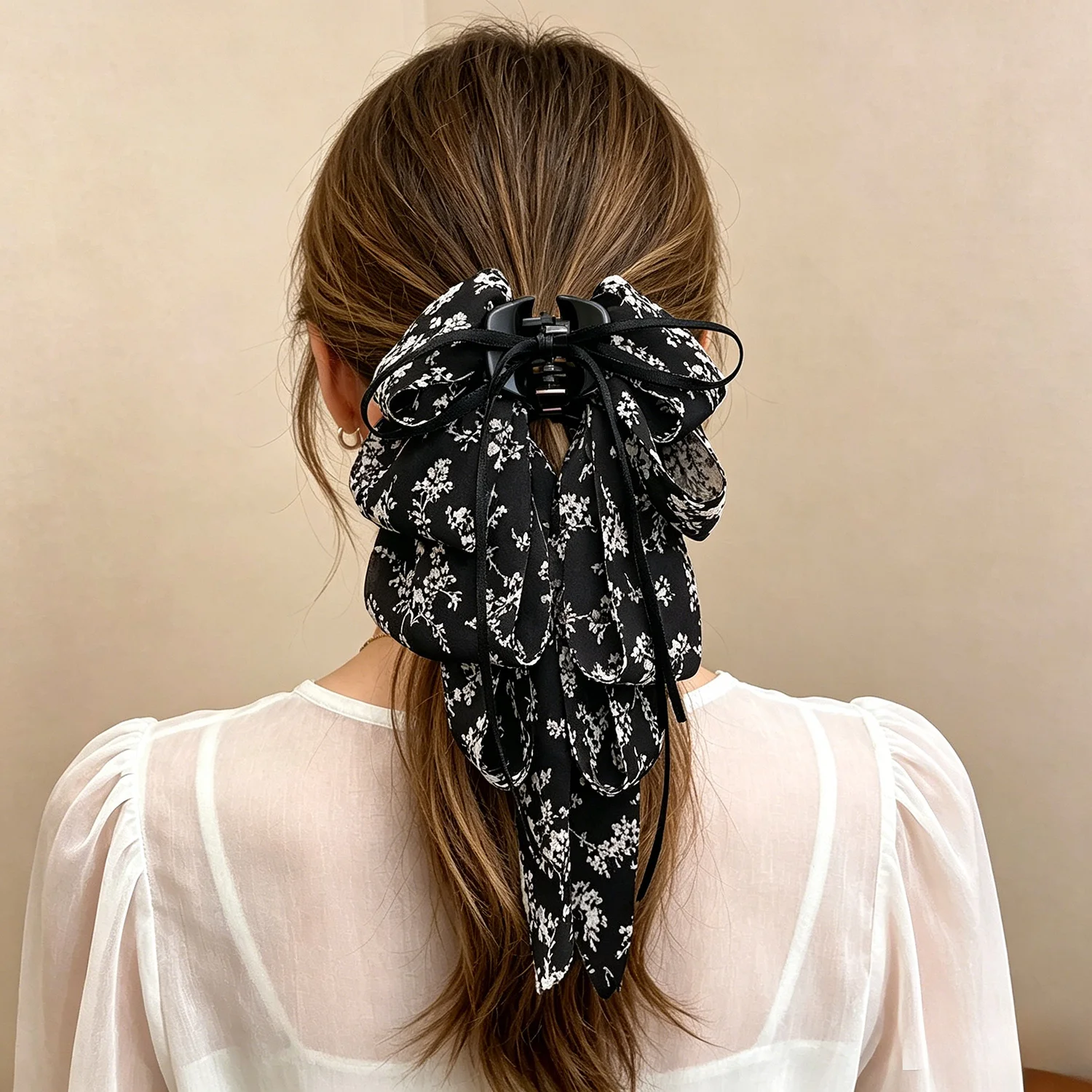1Pc Elegant Floral Multi-Layer Bow Hair Claw Clip, Ponytail Hair Accessory for Wedding Party Office Daily Wear