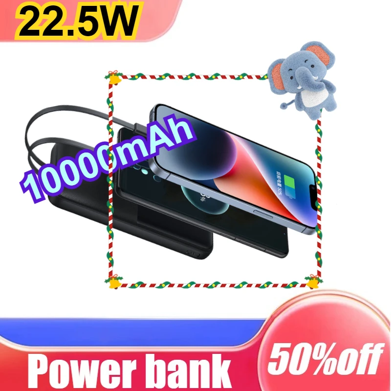 

10000 мАч 22,5 Вт PD Power Bank для быстрой зарядки с двумя встроенными кабелями для iPhone 16 15 Pro Max Charge 4 устройства