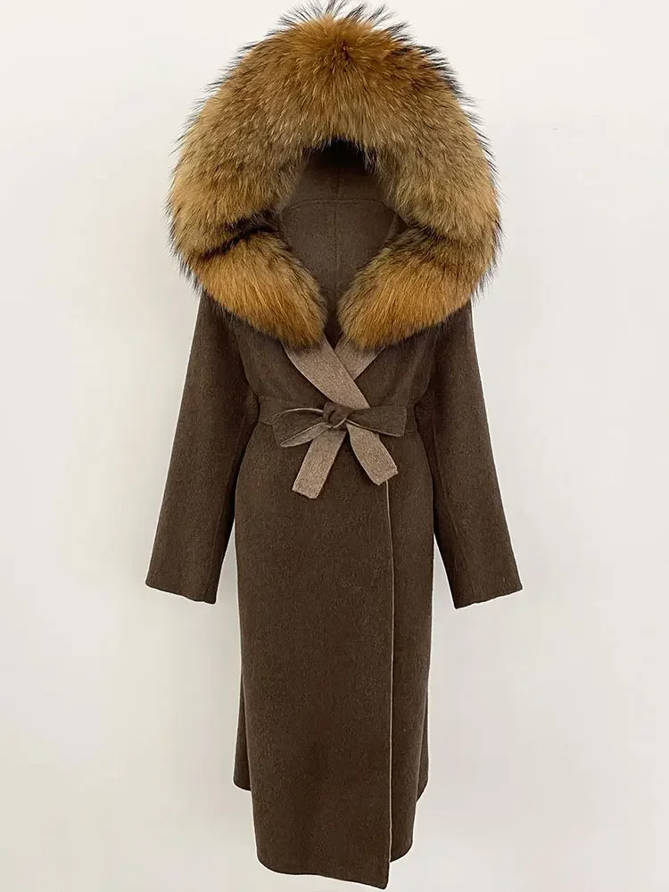 Women 2025 New Winter Hooded Detachable Collar Fur Wool Clothes Long Woolen Jacket Real Natural Fox Fur Coat Casual Overwears