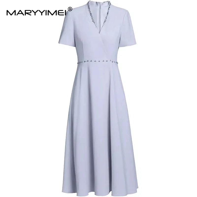 

MARYYIMEI Summer Women's Dress V-Neck Short Sleeved Diamonds High Waiste Commuter Office Lady Solid Color Dresses