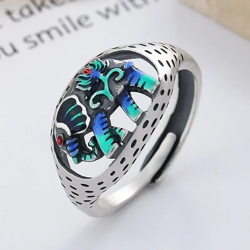 

Ethnic 925 Sterling Silver Enamel Adjustable Open Ring For Women Vintage Thai Auspicious Elephant Finger Rings JZ147