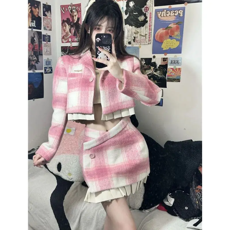 

Sweet Plaid Woolen Jacket Irregular Skirt Two-piece Set Women Fashion Splice Spicy Academy Pink Korean Temperament Winter Suit