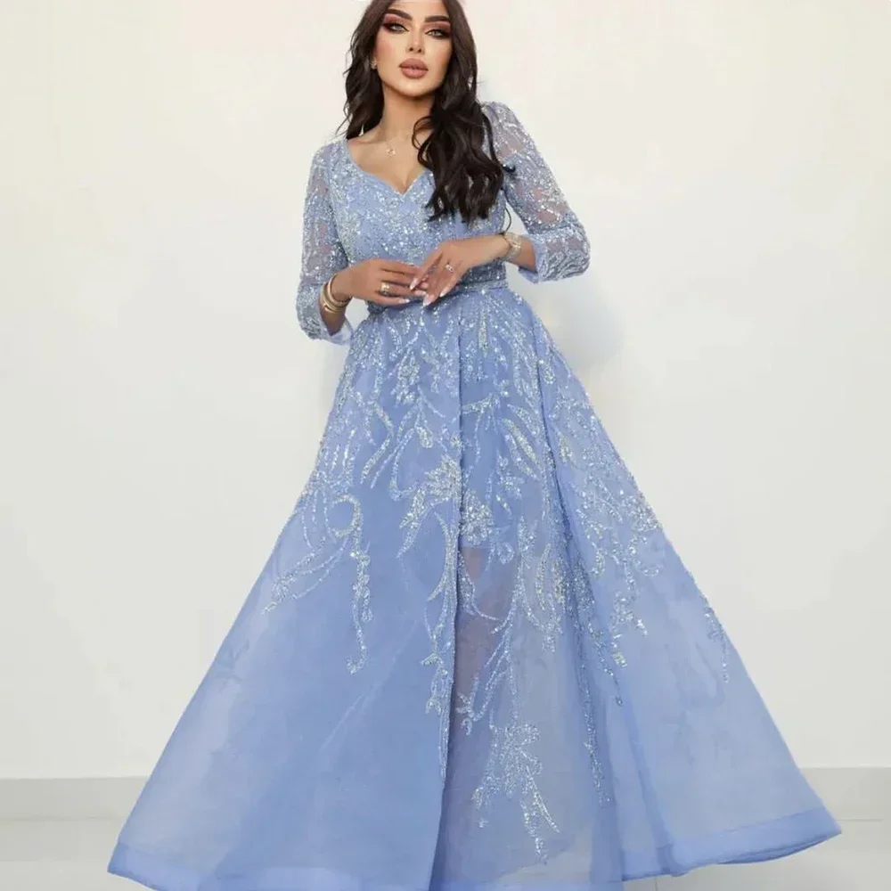 CustomizedElegant Saudi Arabic Blue A-Line Evening Dresses Gowns With Luxury Beaded Long Sleeves For Woman Party And Special Oc