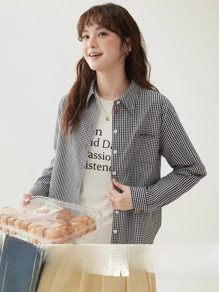 

AMUU Original Color Blo Plaid Embroidered ket ort Cotton irt Korean Sle Loose Fit Breathable Skin-Friendly Long Sl...