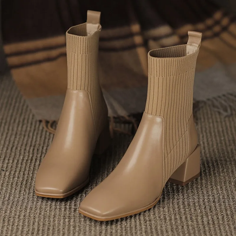 2023 Autumn Winter New Ankle Socks Shoes Women Fashion Large Size 43 Knitted Short Boots Women Slip On High Heels Botas De Mujer