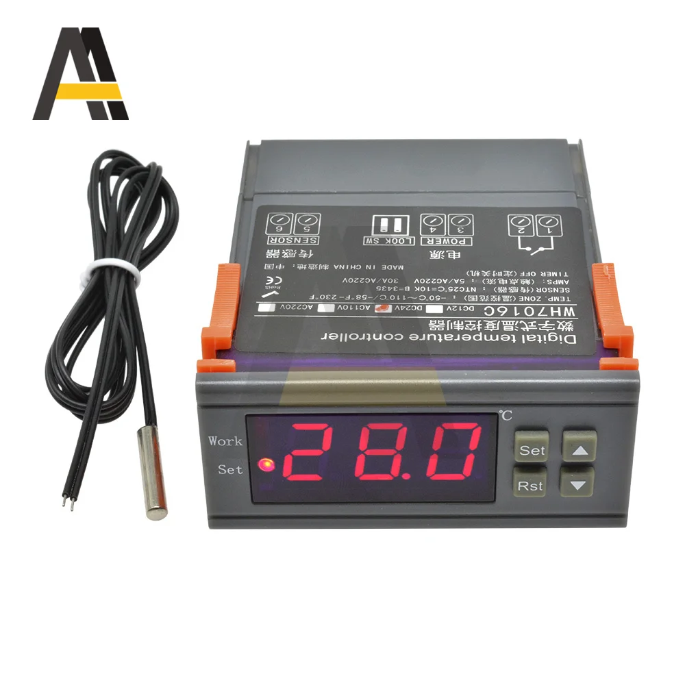 WH7016C Thermostat DC 12V 24V AC 220V 110V 90V-250V Wide Voltage NTC Red Display Temperature Controller Relay Output