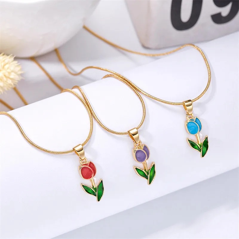 Vintage elegante Emaille-Halskette mit Tulpenblüten-Anhänger für Damen, modische Accessoires für junge Persönlichkeiten, Schlüsselbeinkette, Choker. – Detail 2