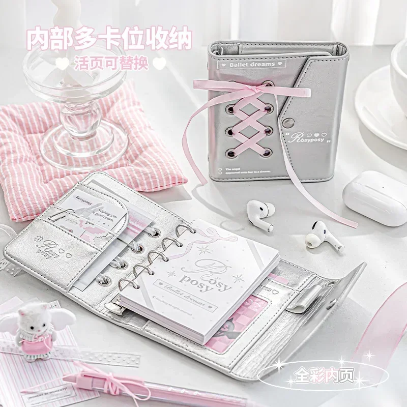 Korean INS Ballet Aesthetic Ribbon Loose-leaf Diary Notebook Cute Multi-functional Scrapbook Journal Planner Notepad for Girls