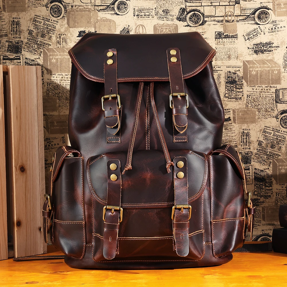 Large capacity leather shoulder bag outdoor sports backpack multi-pocket male travel bag fashion casual new oil wax cowhide